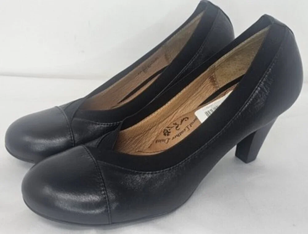 Sofft Black Leather Pumps Stacked Heel Elastic Goring Style #1072301 Sz 8.5W